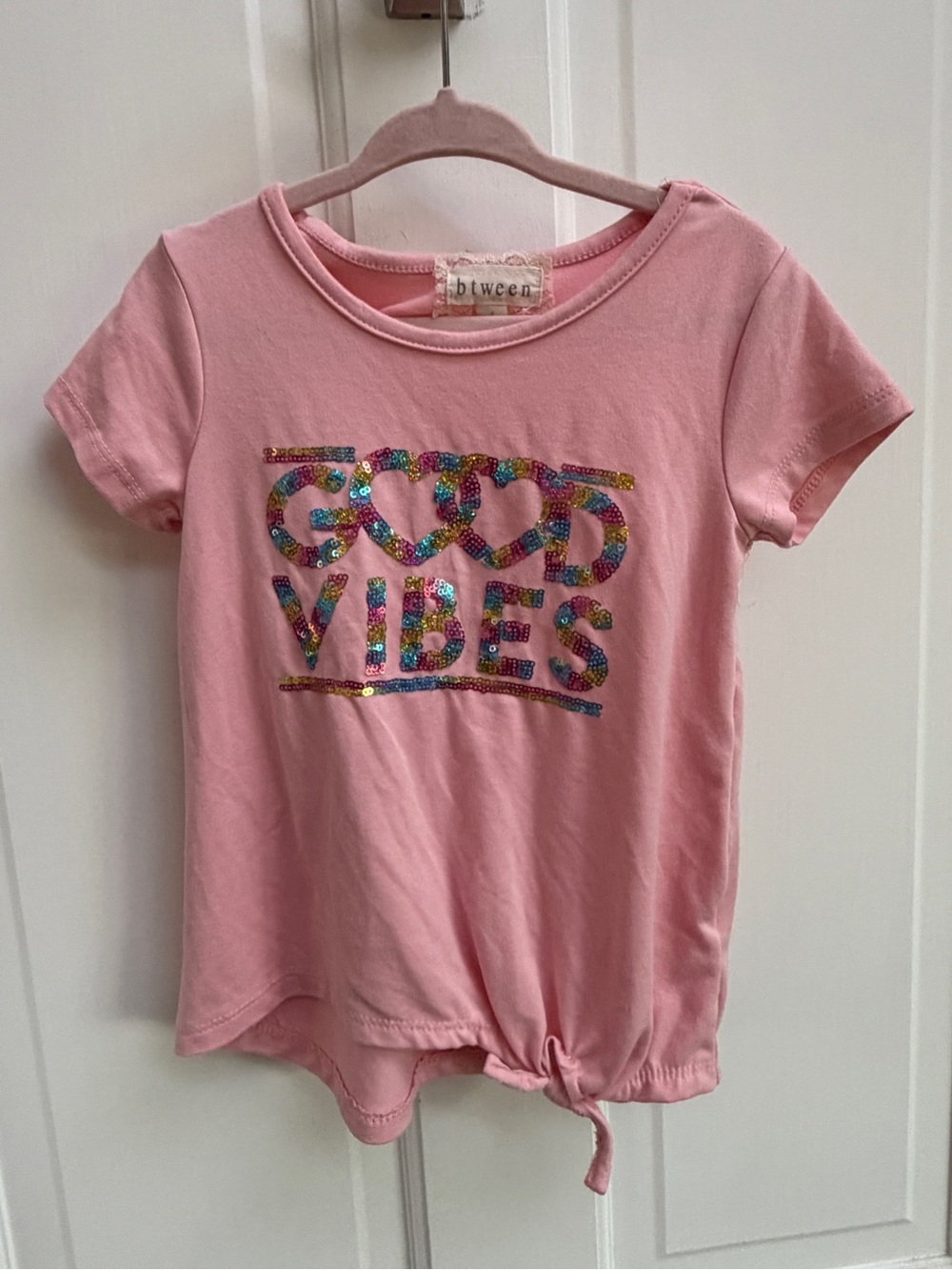 btween Girls 4 Pink Sequin "Good Vibes" Tie-Hem Short Sleeve Top Shirt Blouse